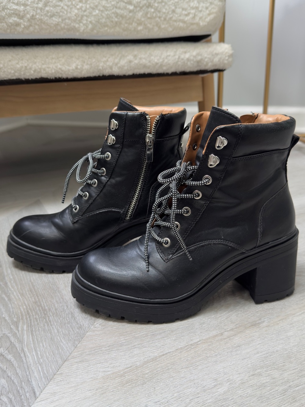 Black Lace-Up Heeled Combat Boots – Side Zip – Size EU 40 (US 9/9.5)
